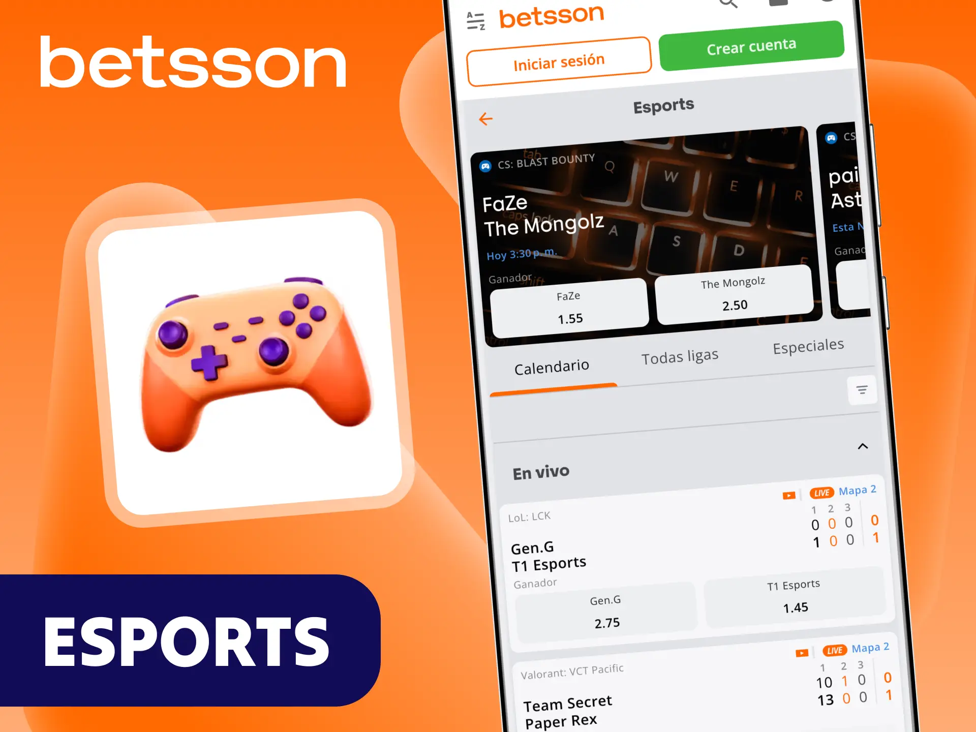 Apuesta en mercados competitivos de eSports en la aplicación de Betsson.