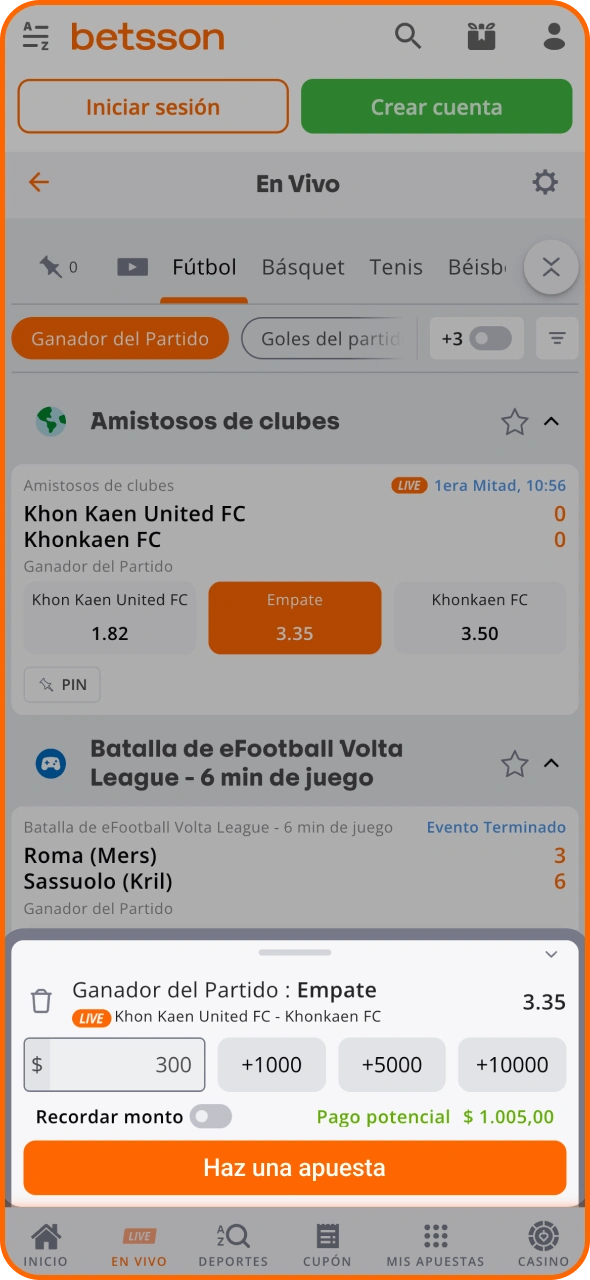 Haz tu primera apuesta deportiva en la aplicación de Betsson.