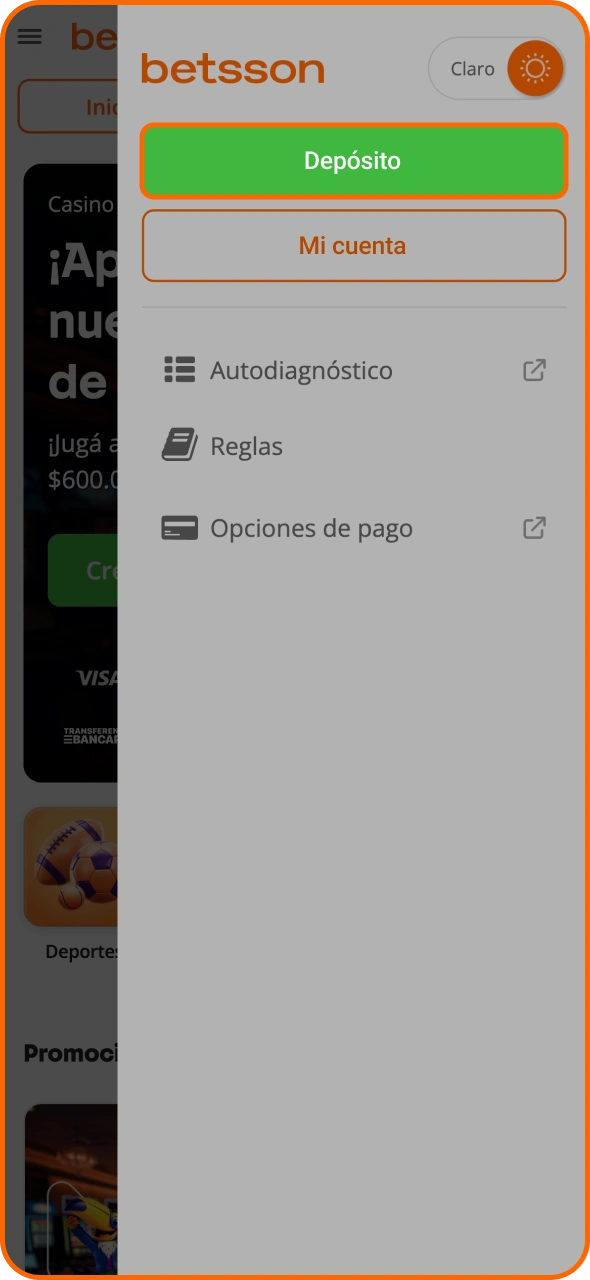 Abre la sección de caja y realiza tu primer depósito en la aplicación de Betsson.