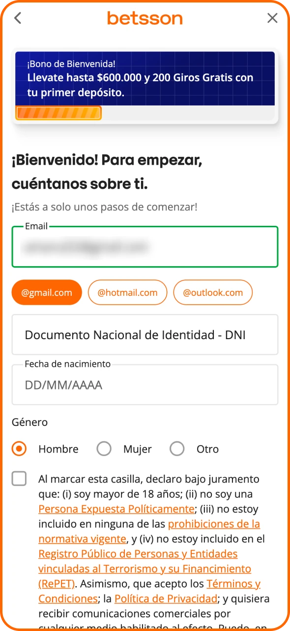 Abre la aplicación de Betsson e inicia el proceso de registro.
