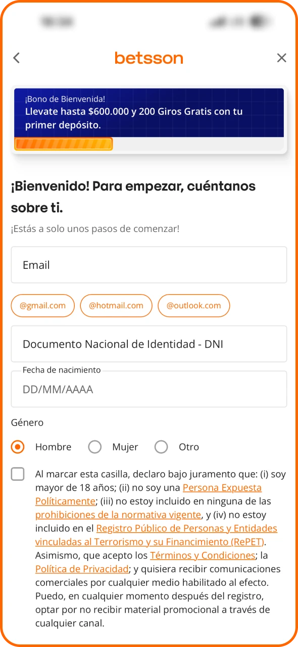 Crea tu cuenta en la aplicación de Betsson desde un dispositivo iOS.