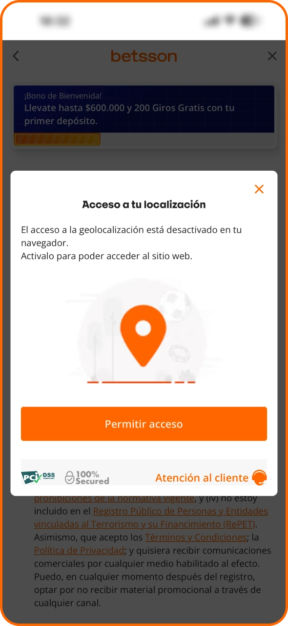 Permite el acceso a la ubicación para la aplicación de Betsson en tu dispositivo iOS.