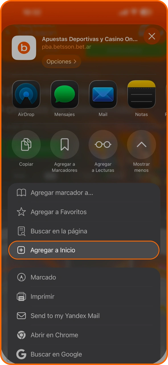 Selecciona la opción Añadir a la pantalla de inicio en la aplicación de Betsson.