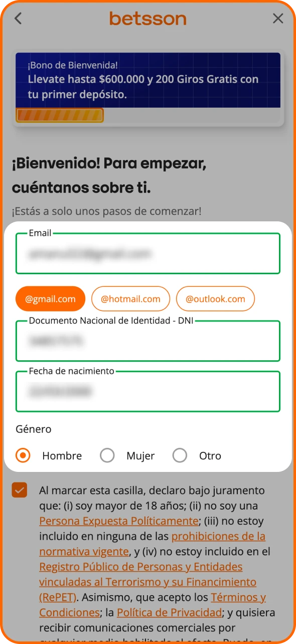 Introduce tus datos personales en el formulario de registro de Betsson.