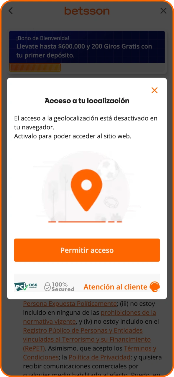 Permite el acceso a tu ubicación en Betsson para completar el registro.
