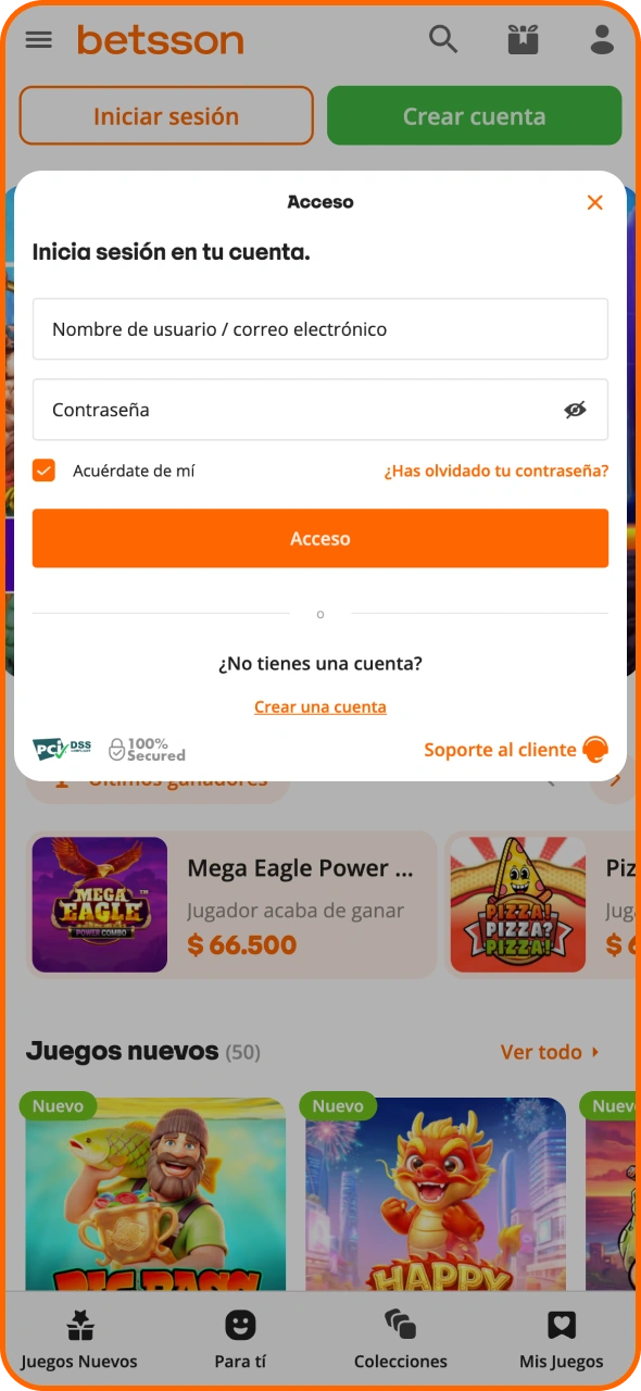 Accede a tu cuenta de Betsson utilizando tus credenciales.