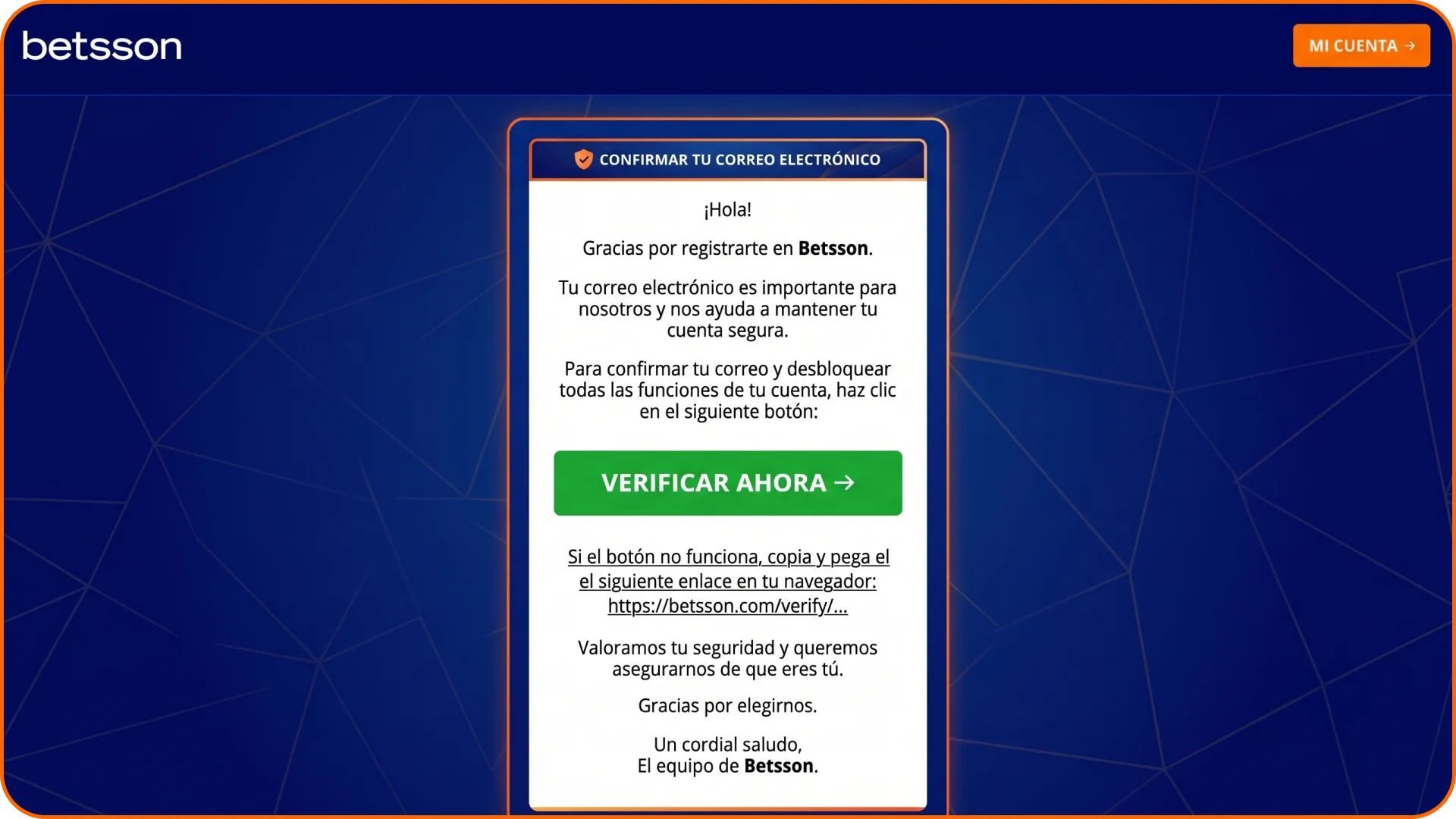 Revisa tu correo electrónico y confirma tu dirección en Betsson.