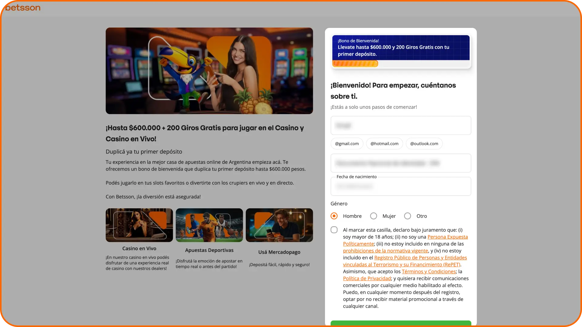 Crea tu cuenta de Betsson completando el formulario de registro.