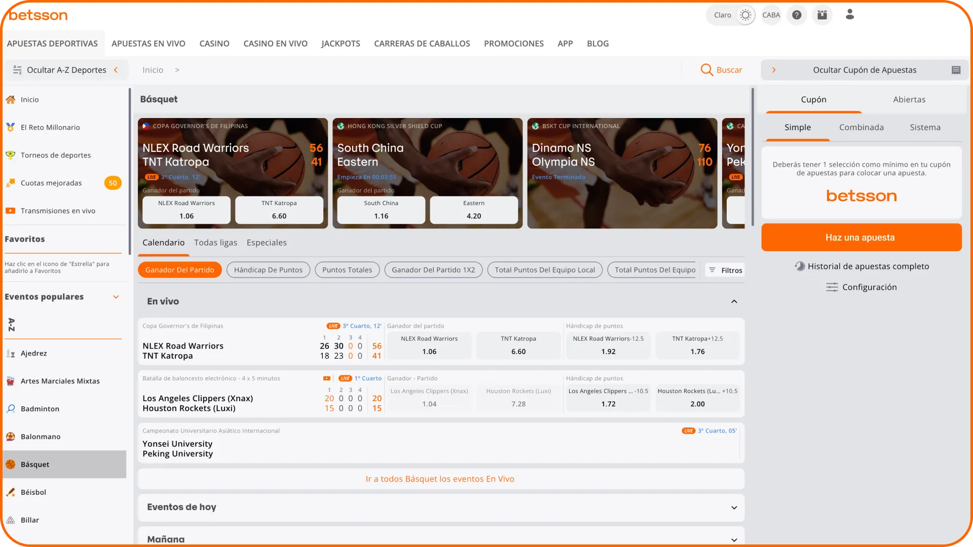 Ve a la sección de deportes de Betsson y selecciona baloncesto.