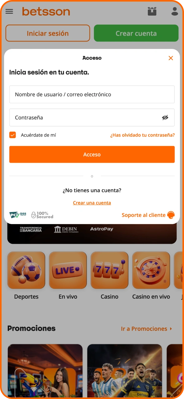 Abre la aplicación de Betsson y accede a tu cuenta.