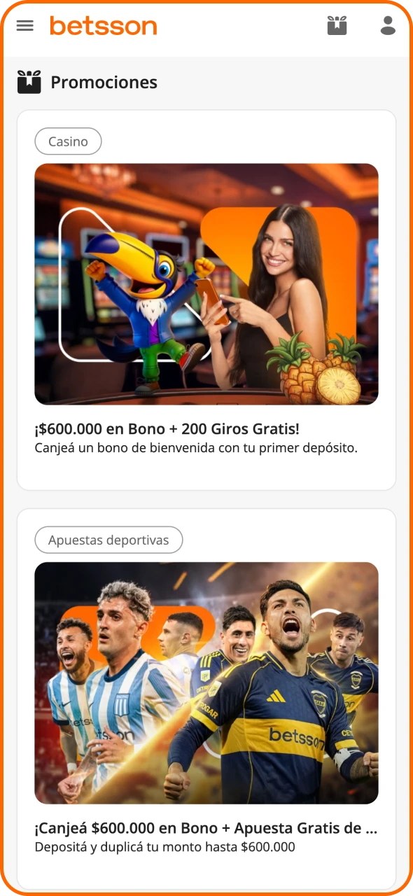 Selecciona un bono de bienvenida en la página de promociones de Betsson.
