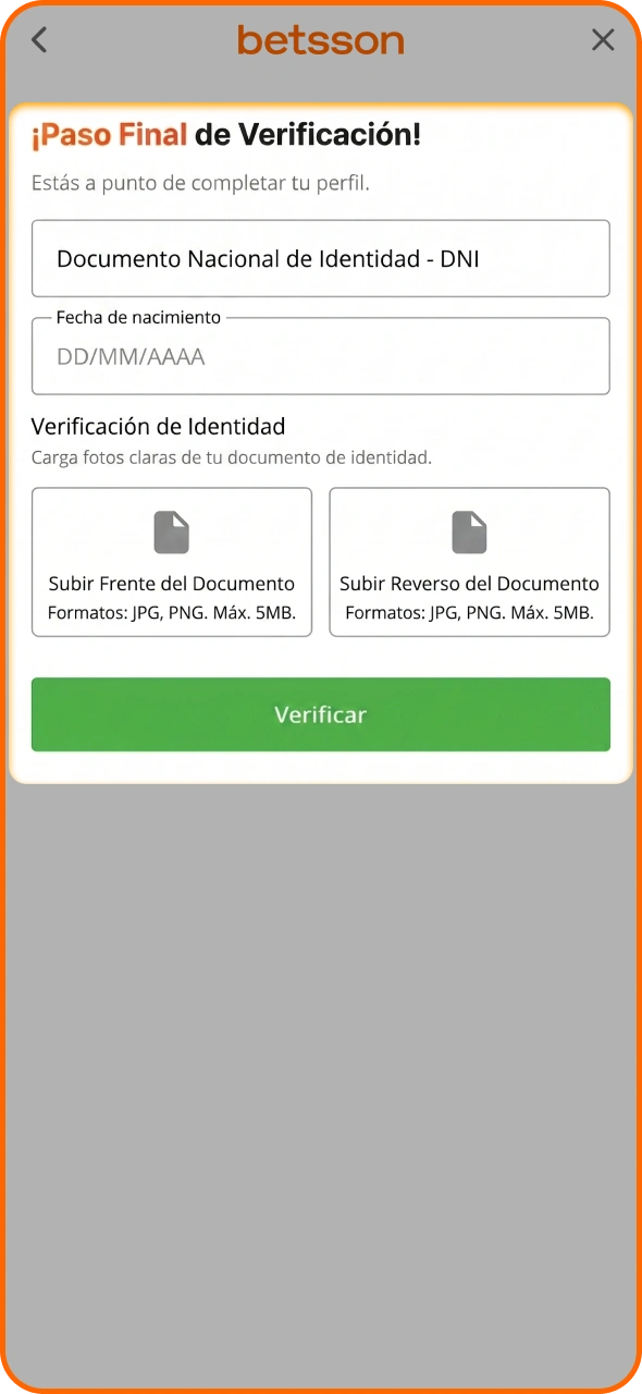 Sube tus documentos para verificar tu cuenta de Betsson.