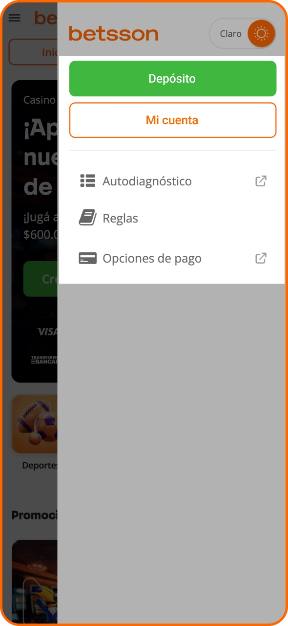 Dirígete a la sección de cajero de Betsson para iniciar el depósito.
