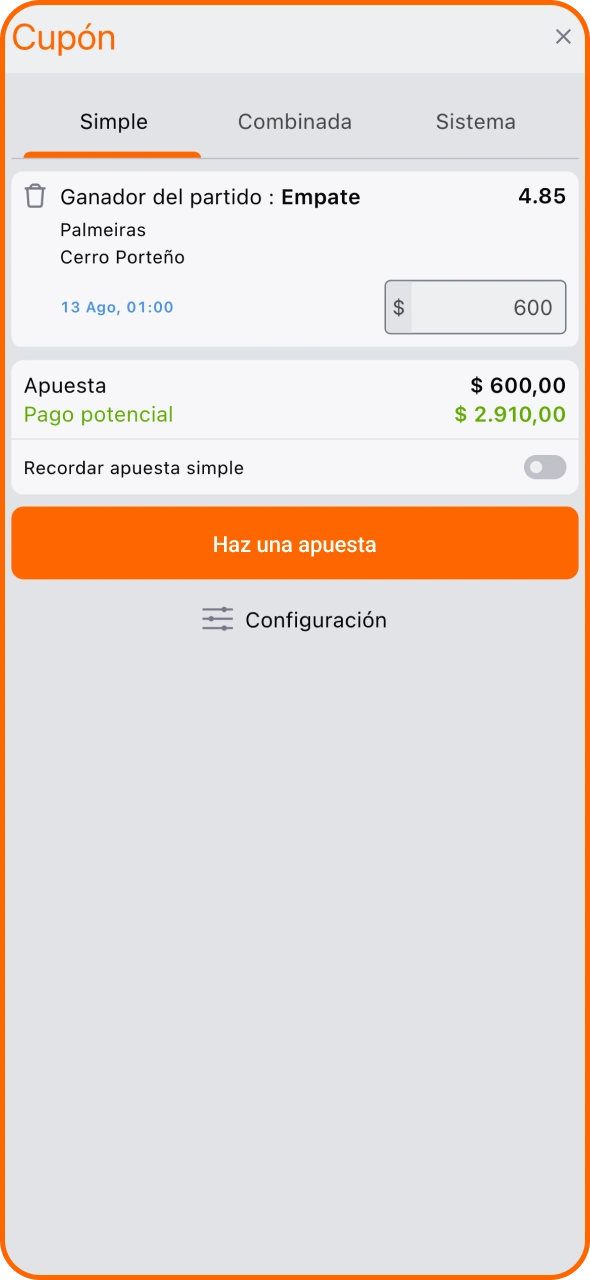 Introduce el importe de la apuesta en Betsson y pulsa para confirmar.