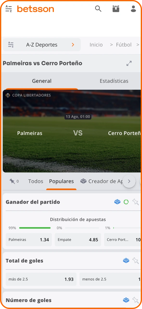 Selecciona el partido de fútbol y el mercado en la plataforma de Betsson.