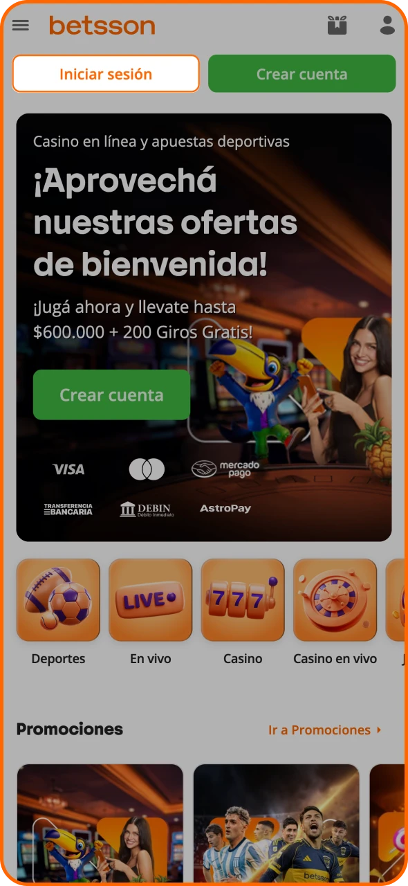 Toca el botón de inicio de sesión en la pantalla de inicio de la aplicación de Betsson.