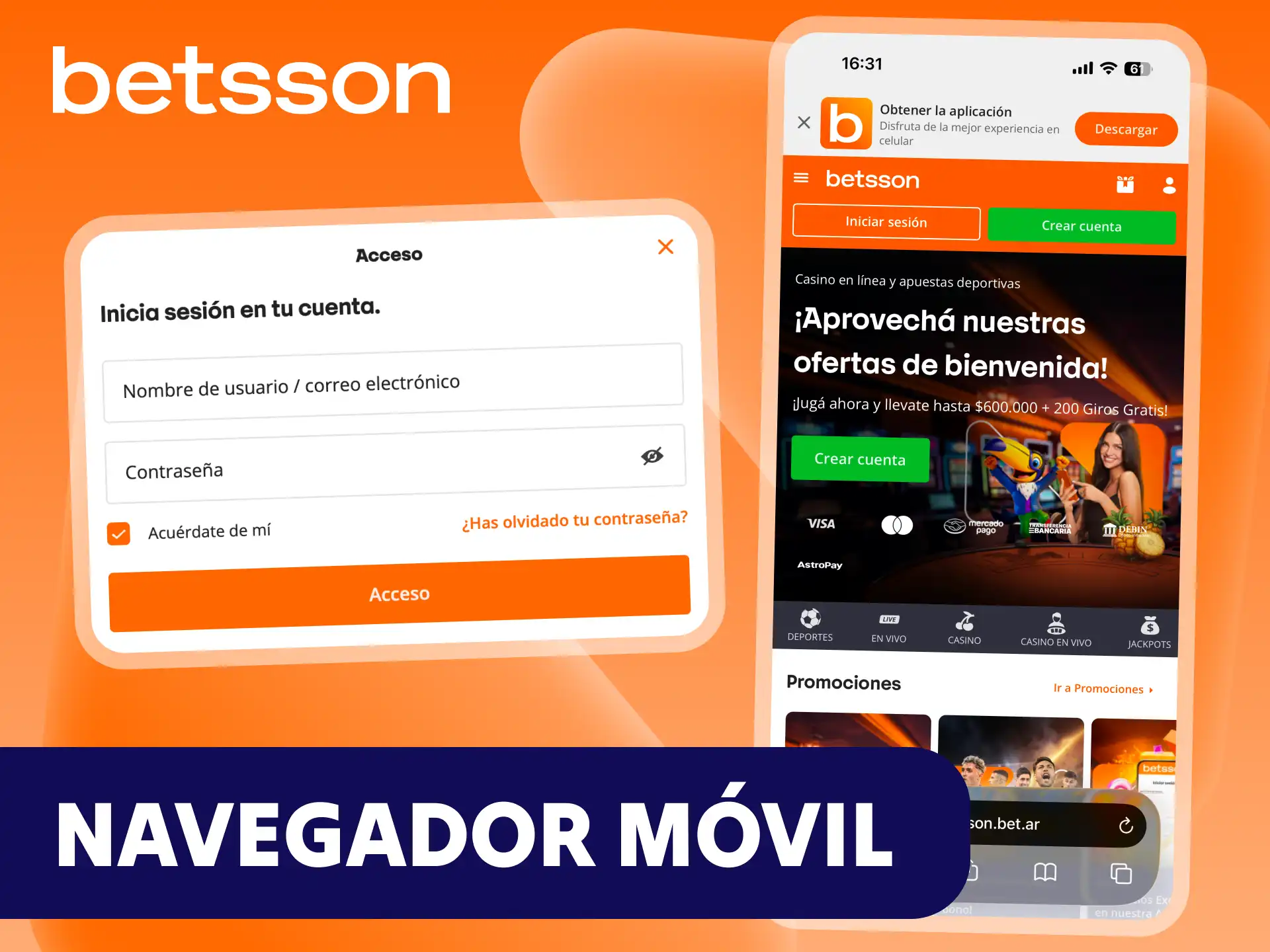 Accede a la plataforma de Betsson a través del navegador de tu móvil.