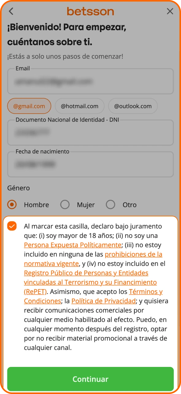 Lea y acepte los términos y condiciones de Betsson.