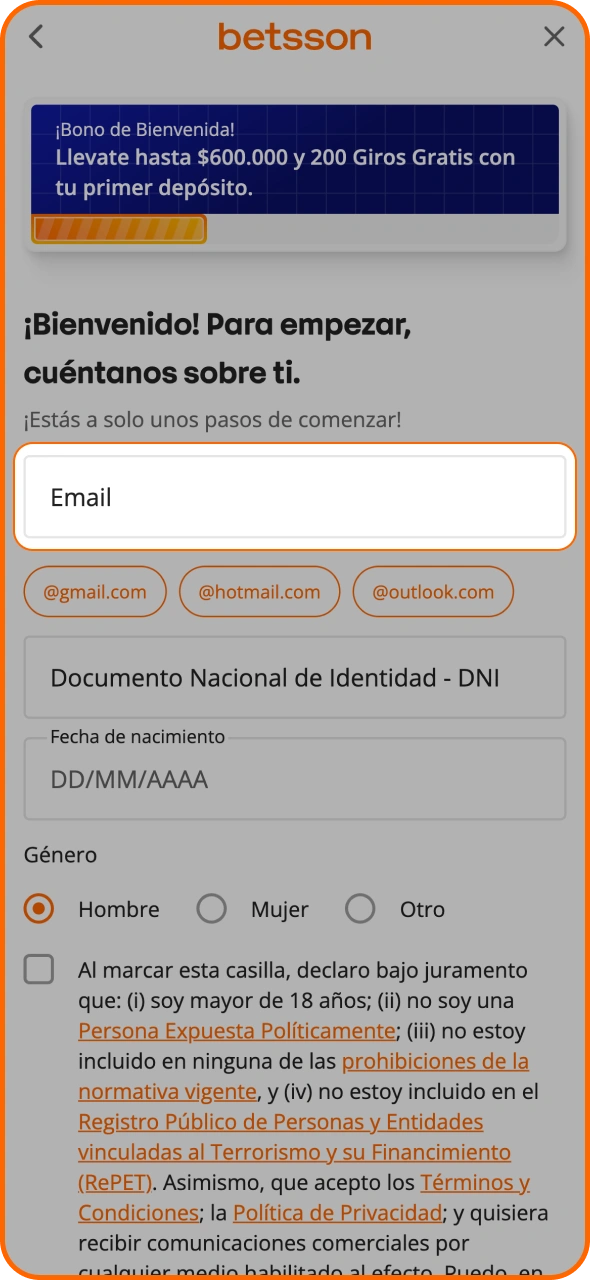 Seleccione el método preferido para crear su cuenta en Betsson.