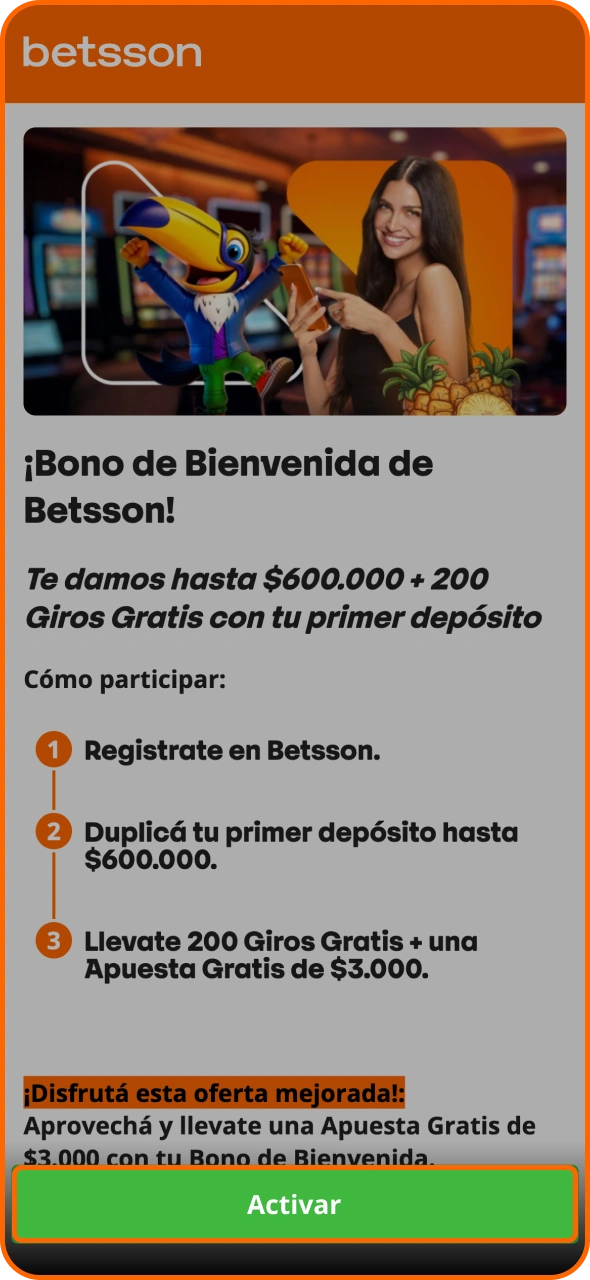 Realiza un depósito y activa el bono de bienvenida en Betsson.
