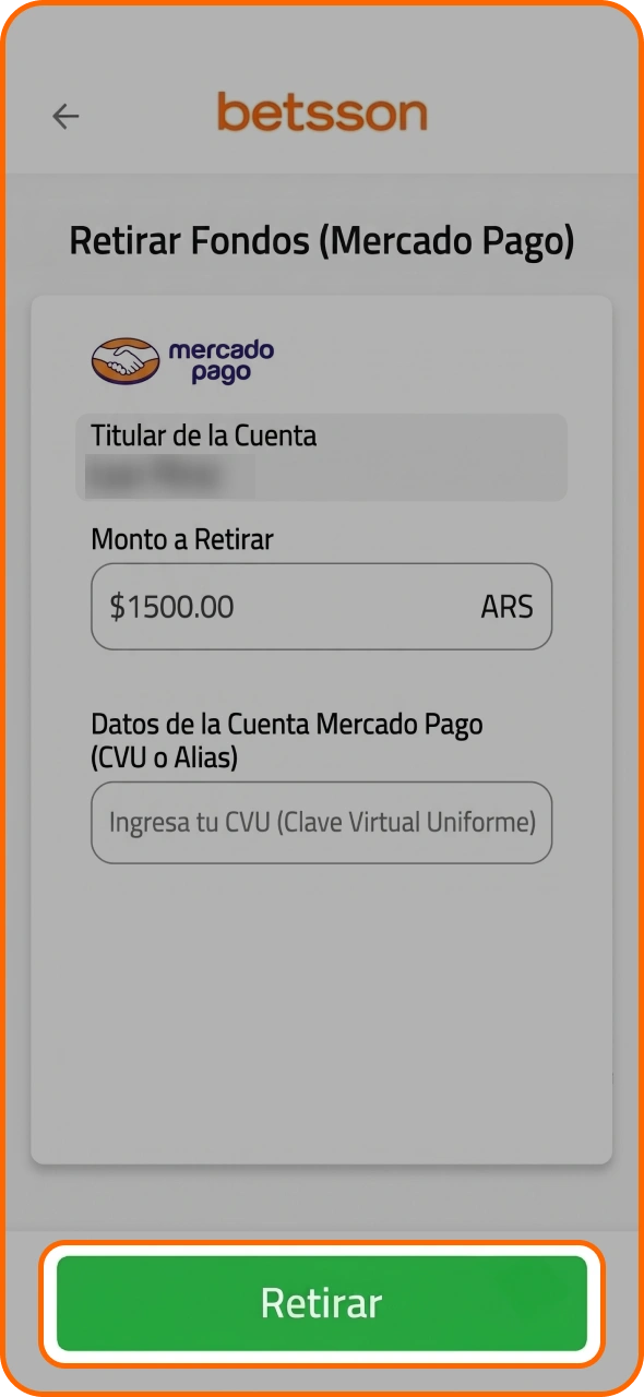 Haz clic en el botón para confirmar el retiro en Betsson.