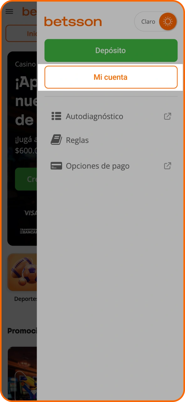 Diríjase a la sección de cajero de Betsson y seleccione retiro.