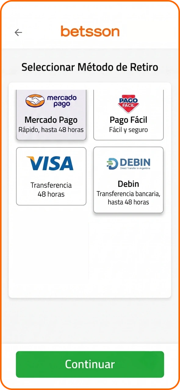 Elige el método de retiro en la plataforma Betsson.