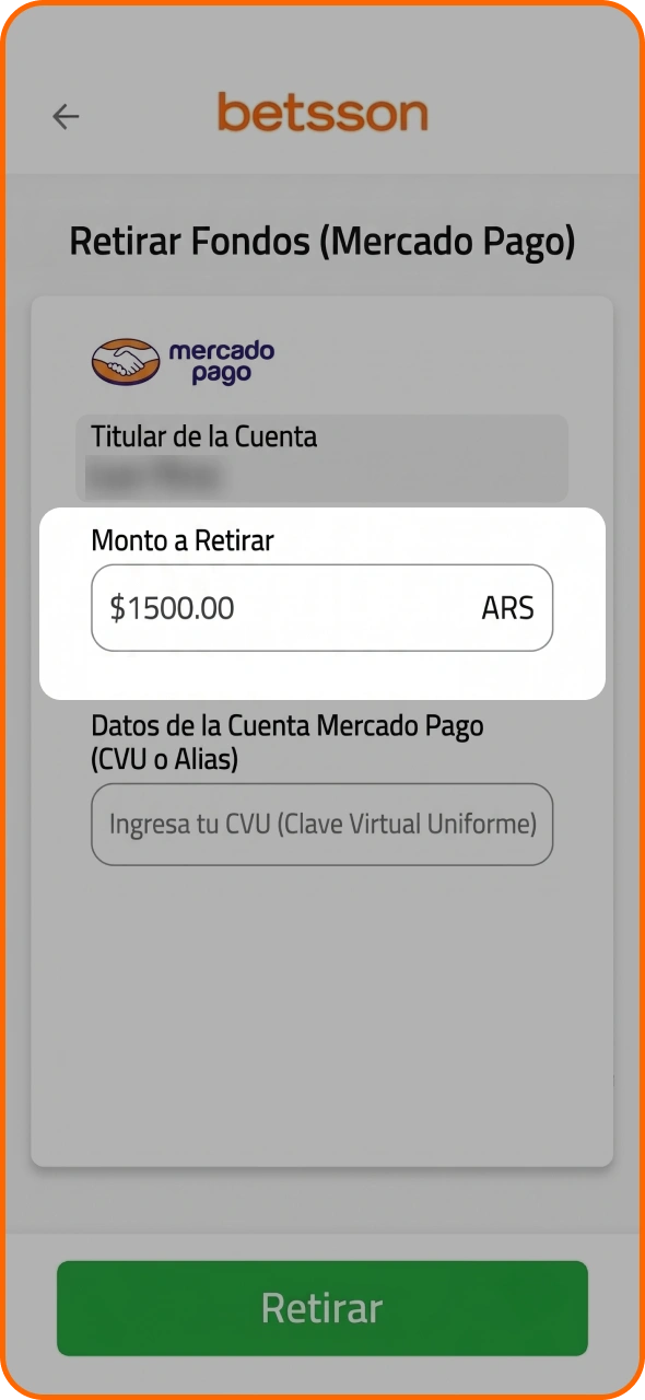 Introduce el importe que deseas retirar de Betsson antes de confirmar.