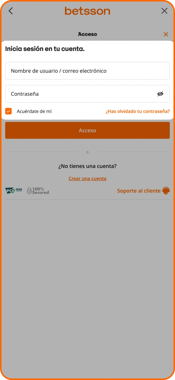 Inicia sesión en tu cuenta de Betsson utilizando tus credenciales.
