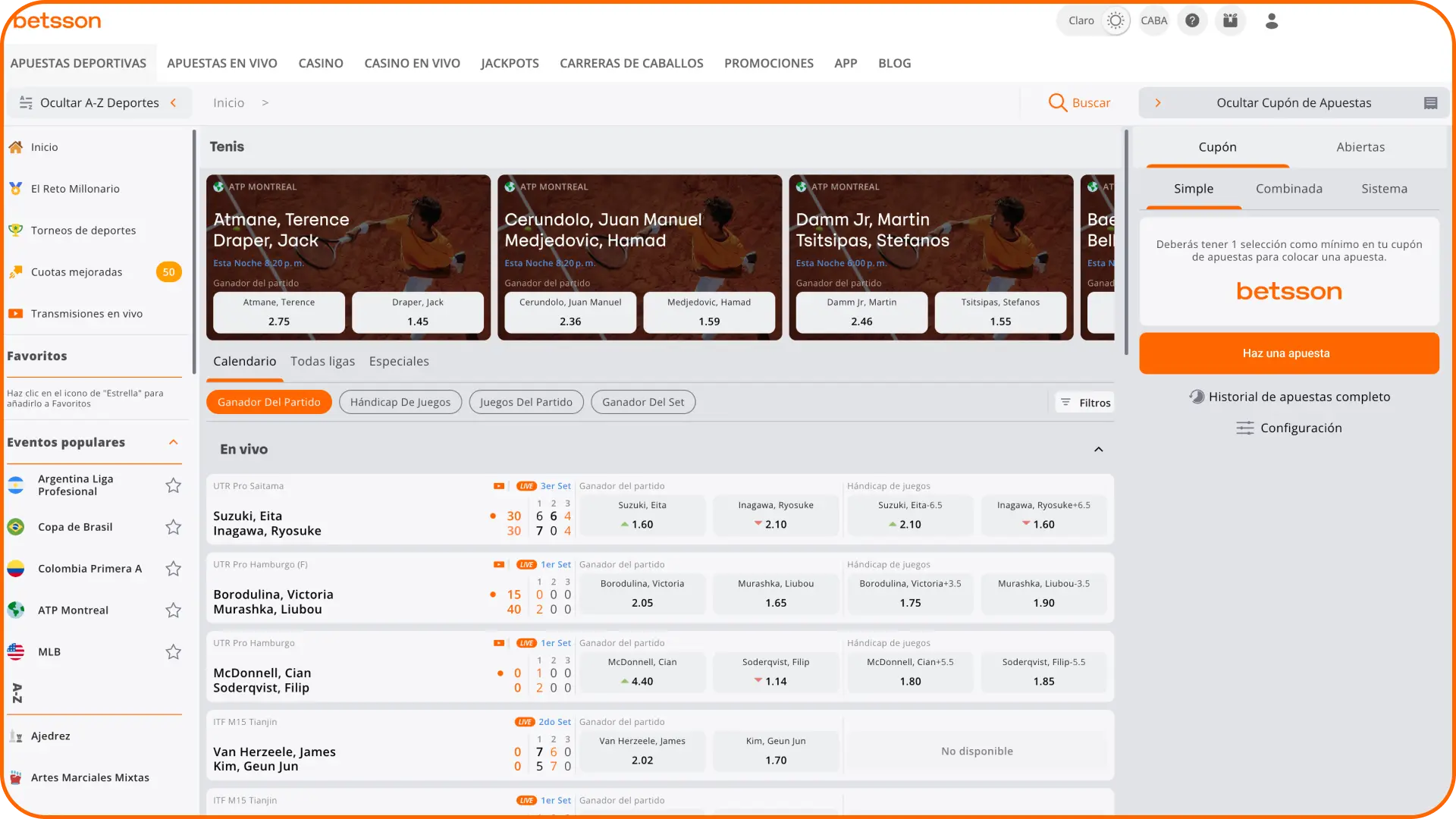 Ve a la sección de deportes de Betsson para seleccionar tenis.