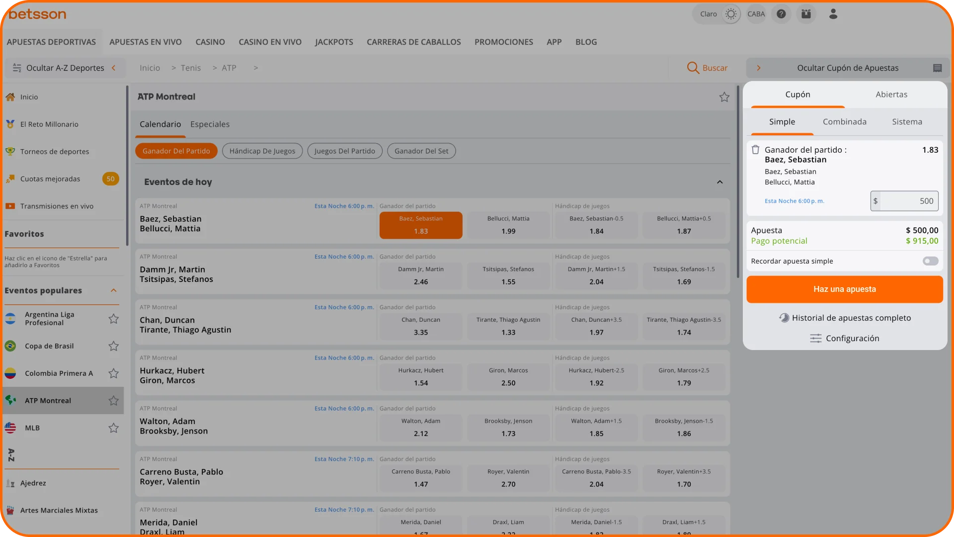 Selecciona un mercado y realiza tu apuesta de tenis en Betsson.