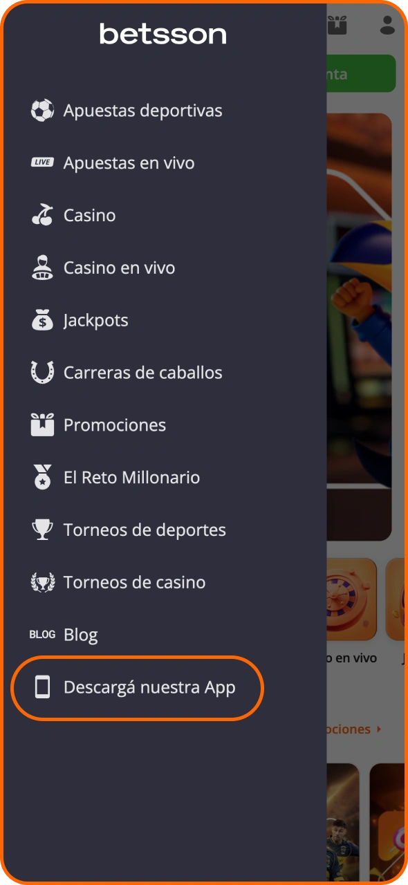 Busca la sección de descarga de la aplicación de Betsson y pulsa el botón.