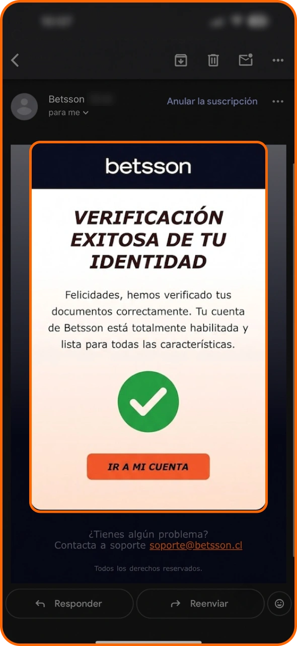 Espere el correo electrónico de confirmación de verificación de Betsson.