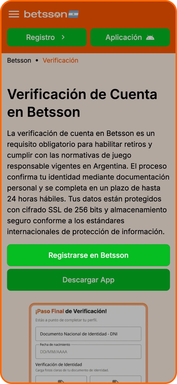 Haz clic en el botón de la página de Betsson para iniciar el proceso de verificación.