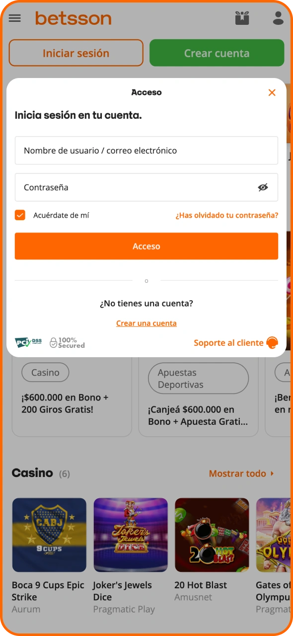 Inicia sesión en tu cuenta de Betsson con tus datos personales.